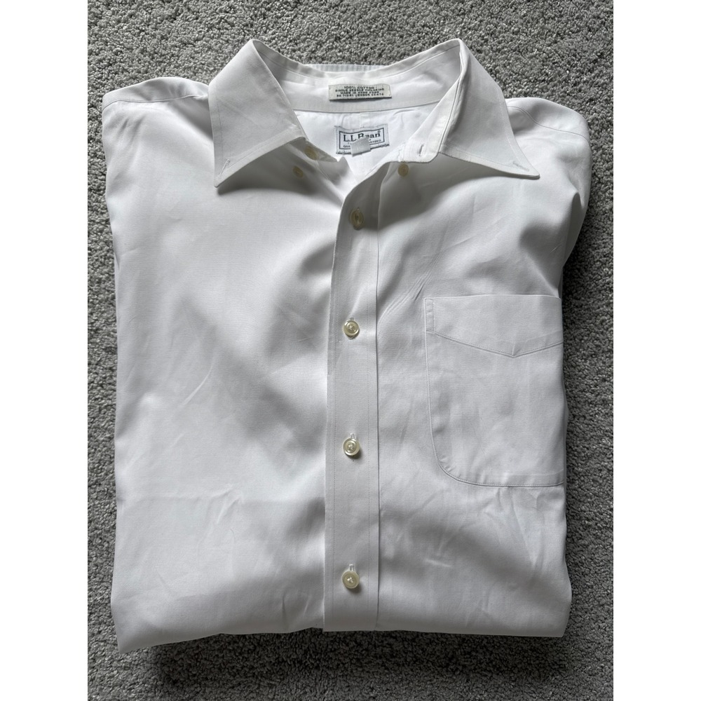 LL‎ Bean Mens Dress Shirt White 100% Cotton Button Down 17.5 37 Long Sleeve
